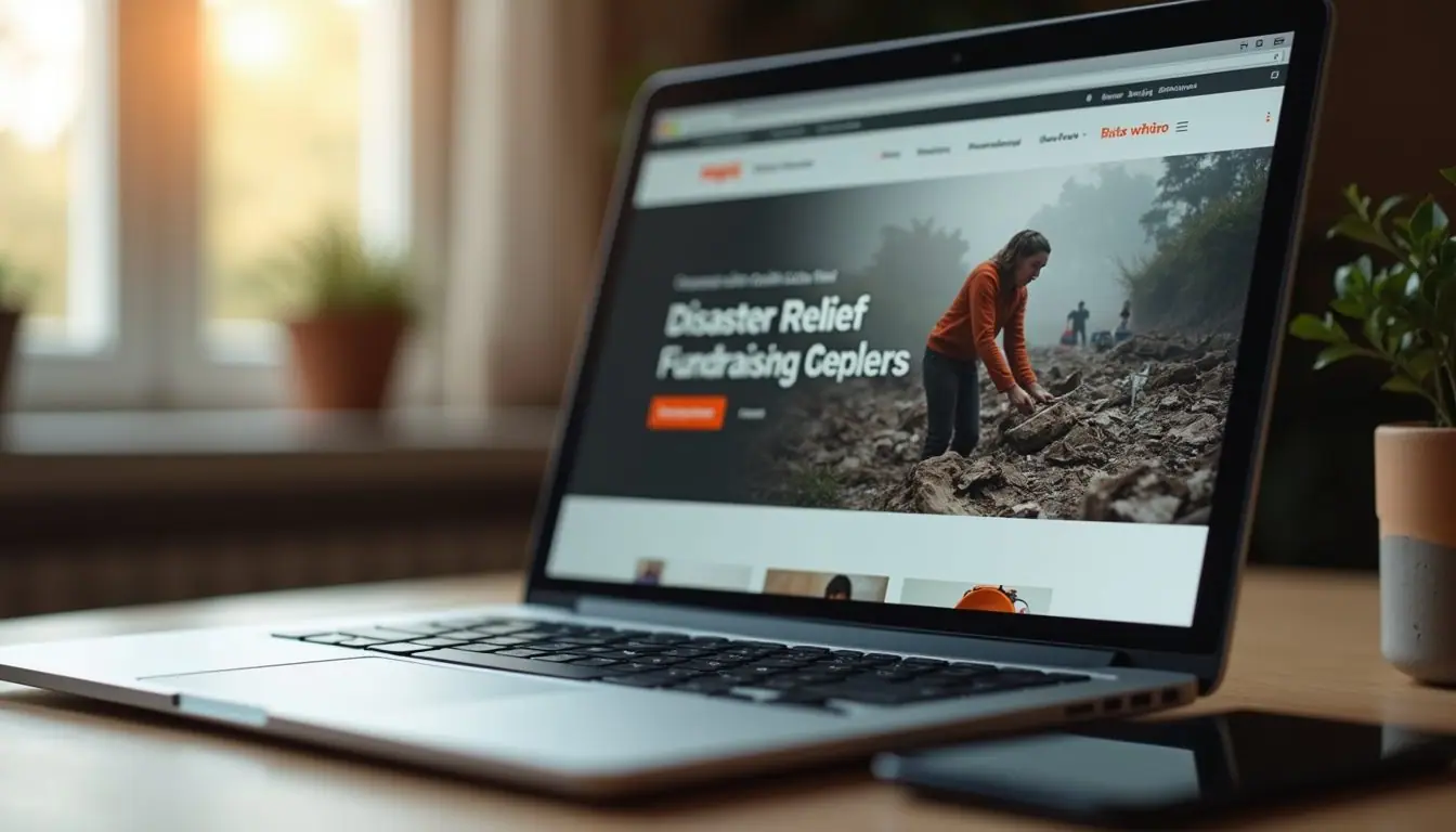 Close-up view of a laptop screen showing a disaster relief fundraising campaign page