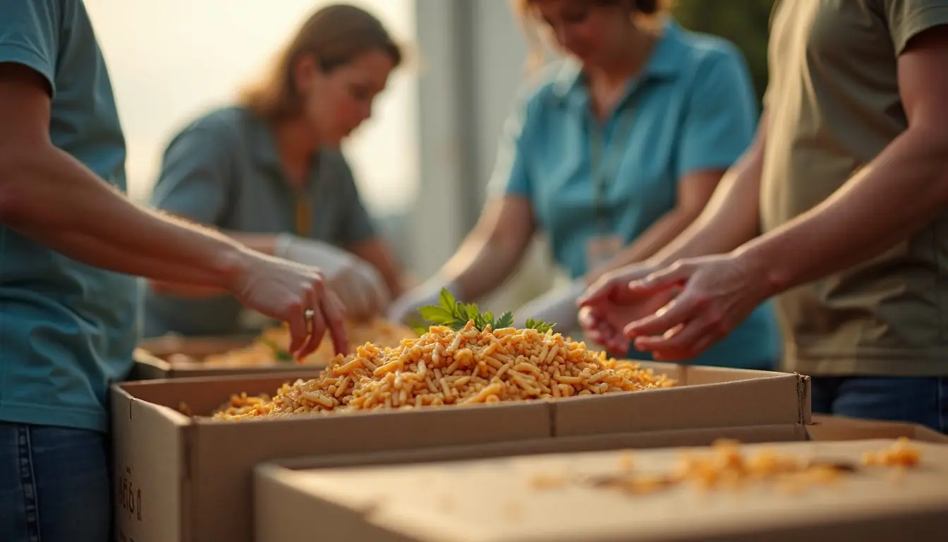 Eye-level view of volunteers preparing food packages for distribution in a disaster relief effort