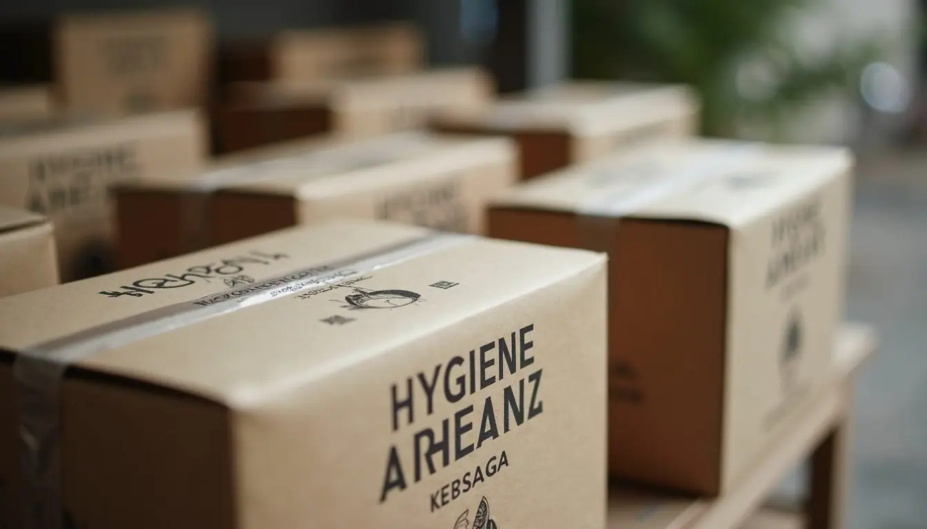 Close-up of packed hygiene kits ready for disaster relief distribution