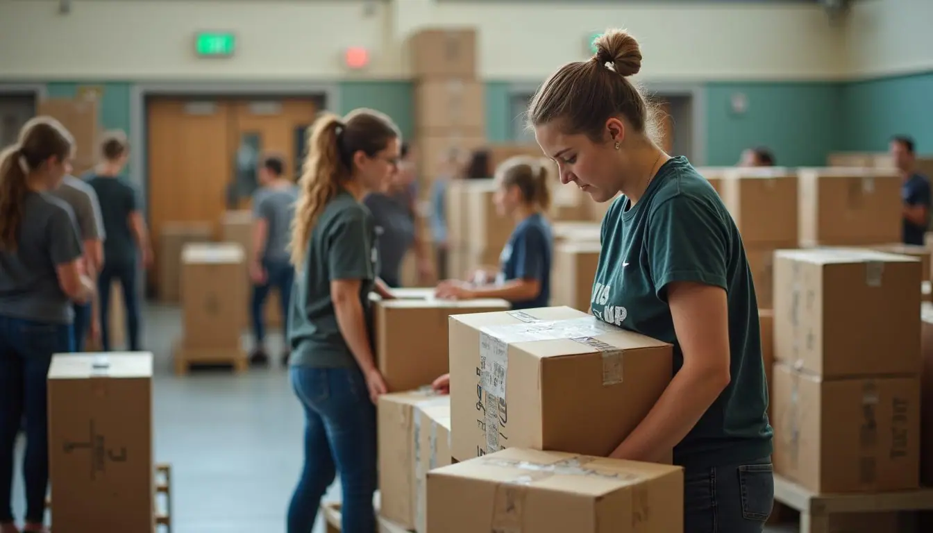 High angle view of volunteers organizing relief supplies in a community center