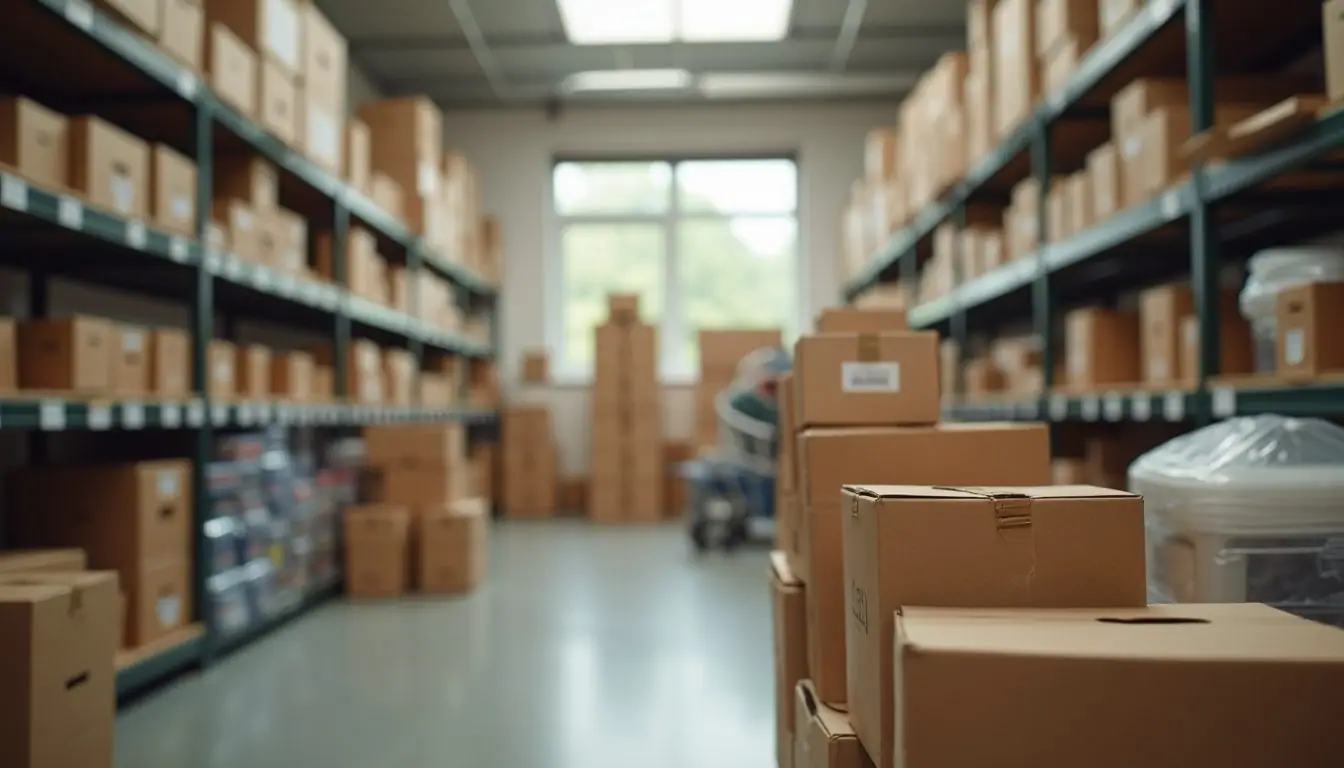 Eye-level view of a donation center with various supplies